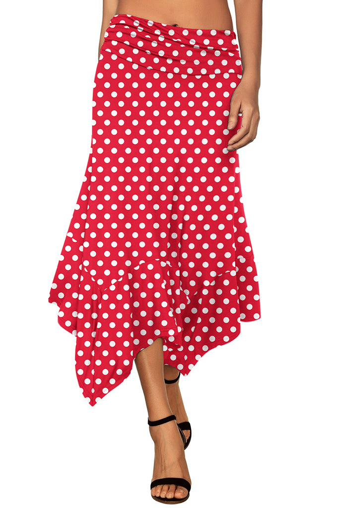 Women's Flowy Handkerchief Hemline Midi Skirt - Polka Dots