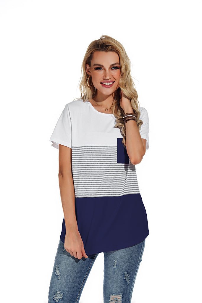 Bettysays Casual Short Sleeve Round Neck Triple Color Block Stripe T-Shirt