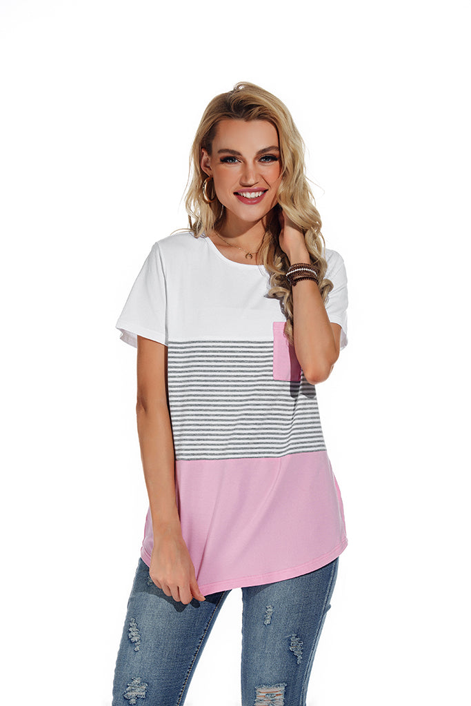Bettysays Casual Short Sleeve Round Neck Triple Color Block Stripe T-Shirt