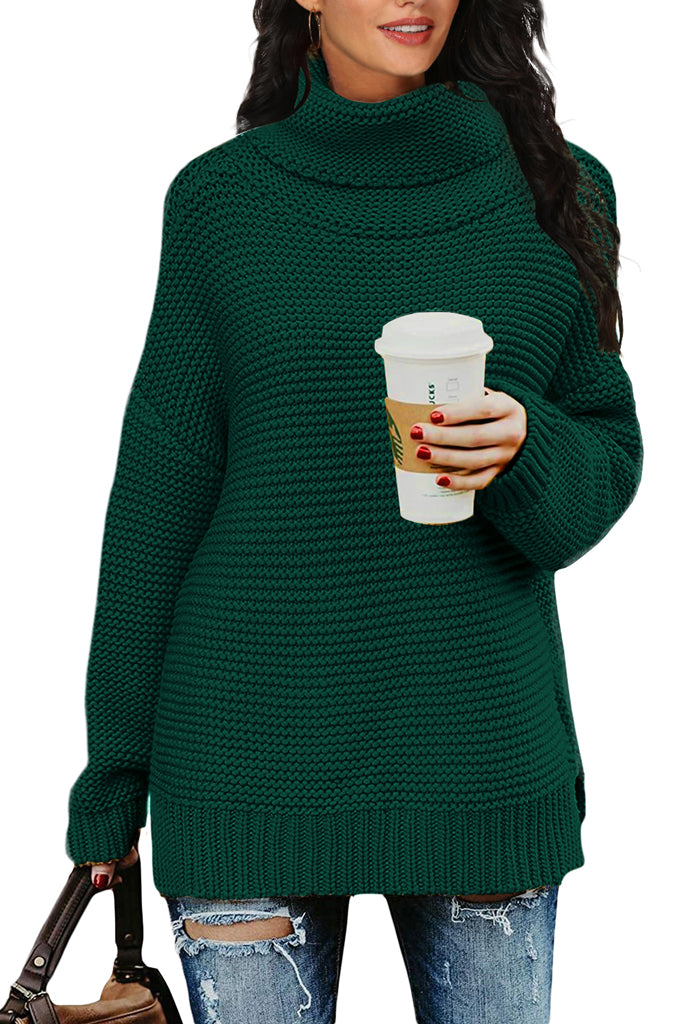 PrinStory Womens Casual Loose Long Sleeve Turtleneck Chunky Knit Pullover Side Slit Sweater