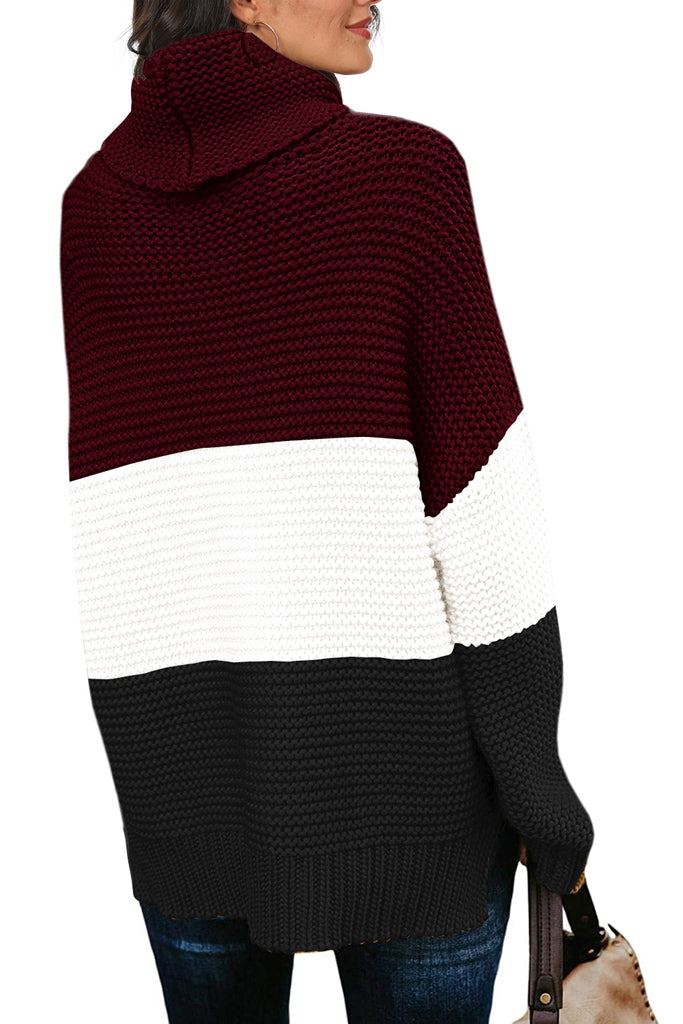 Casual Loose Long Sleeve Turtleneck Chunky Knit Pullover Side Slit Sweater-Color-blocked